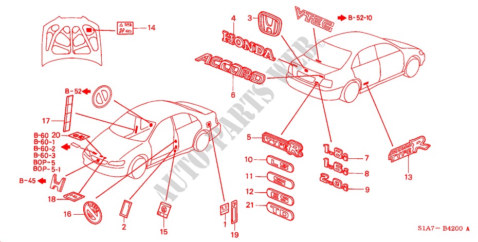 EMBLEMES/ETIQUETTES DE PRECAUTIONS pour Honda ACCORD 2.0ILS 4 Portes 5 vitesses manuelles 1999