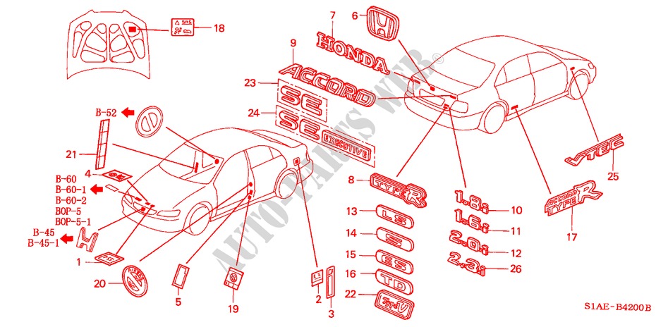 EMBLEMES pour Honda ACCORD 1.8IES 4 Portes 4 vitesses automatique 2000