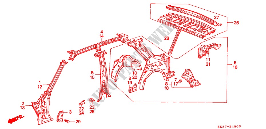 STRUCTURE DE CARROSSERIE(6)(4 PORTES) pour Honda ACCORD EX-2.0I 4 Portes 5 vitesses manuelles 1989