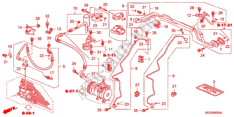 CLIMATISEUR(FLEXIBLES/TUYAUX) (RH) (DIESEL) pour Honda ACCORD TOURER 2.2 SPORT 5 Portes 6 vitesses manuelles 2007