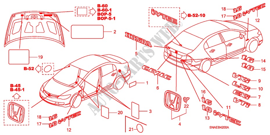 EMBLEMES/ETIQUETTES DE PRECAUTIONS pour Honda CIVIC VTI 4 Portes 5 vitesses manuelles 2009
