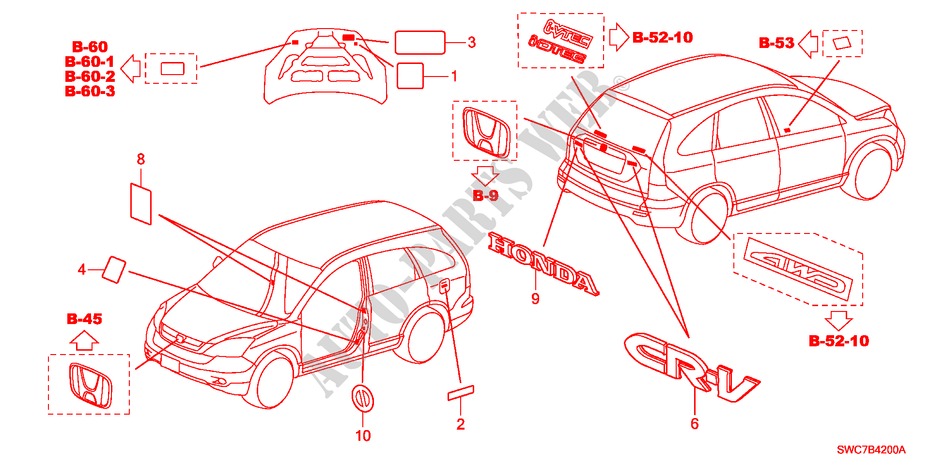 EMBLEMES/ETIQUETTES DE PRECAUTIONS pour Honda CR-V DIESEL 2.2 ELEGANCE 5 Portes 6 vitesses manuelles 2011