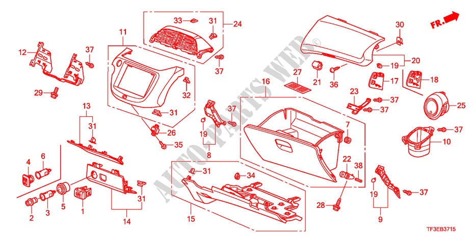 GARNITURE D'INSTRUMENT(COTE DE PASSAGER)(LH) pour Honda JAZZ 1.2LS    TEMP TIRE 5 Portes 5 vitesses manuelles 2012