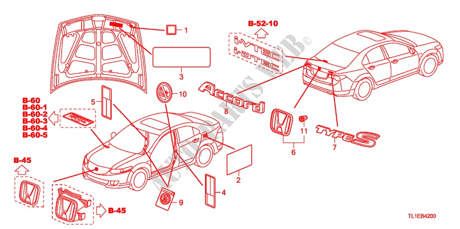 EMBLEMES/ETIQUETTES DE PRECAUTIONS pour Honda ACCORD 2.4 EX 4 Portes 5 vitesses automatique 2011
