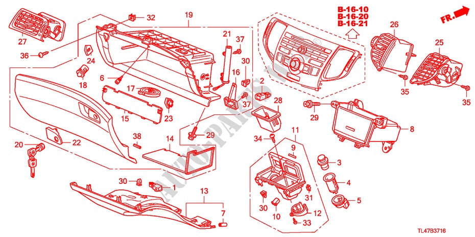 GARNITURE D'INSTRUMENT(COTE DE PASSAGER) (RH) pour Honda ACCORD TOURER 2.2 ES-GT 5 Portes 6 vitesses manuelles 2009