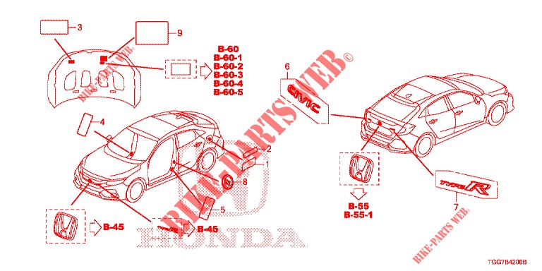 EMBLEMES/ETIQUETTES DE PRECAUTIONS pour Honda CIVIC 1.5 SPORT NAVI 5 Portes 6 vitesses manuelles 2018
