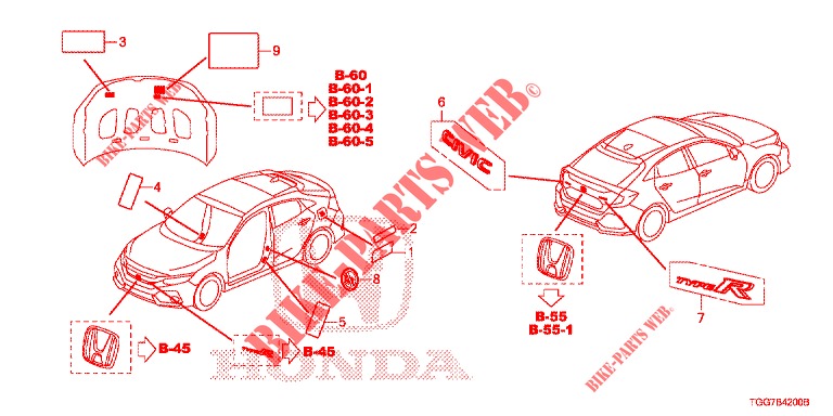 EMBLEMES/ETIQUETTES DE PRECAUTIONS pour Honda CIVIC 1.0 S 5 Portes full automatique 2018